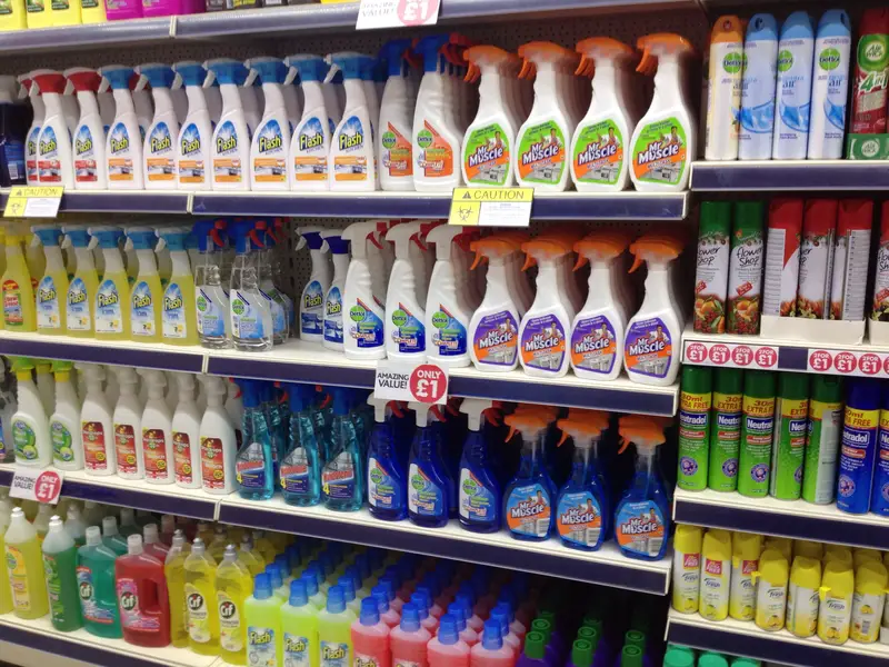 cleaning products displayed on a shelf in a store