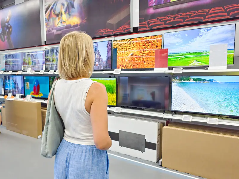 Woman chooses TV in shop